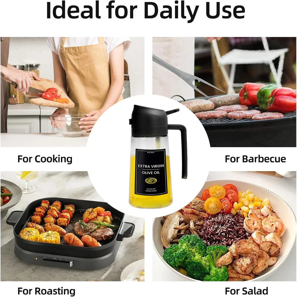 Oil Sprayer for Cooking,2In1 Olive Oil Dispenser Bottle for Kitchen with Stickers,16Oz/470Ml Premium Glass,Food-Grade Oil Mister